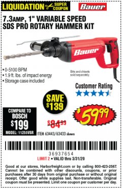 Harbor Freight Coupon 7.3 AMP, 1" SDS PRO ROTARY HAMMER KIT Lot No. 63443/63433 Expired: 3/31/20 - $59.99