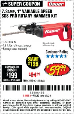 Harbor Freight Coupon 7.3 AMP, 1" SDS PRO ROTARY HAMMER KIT Lot No. 63443/63433 Expired: 6/30/20 - $59.99