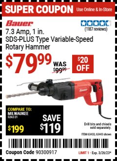 Harbor Freight Coupon 7.3 AMP, 1" SDS PRO ROTARY HAMMER KIT Lot No. 63443/63433 EXPIRES: 3/26/23 - $79.99