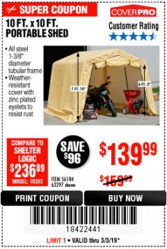 Harbor Freight Coupon COVERPRO 10 FT. X 10 FT. PORTABLE SHED Lot No. 63297 Expired: 3/3/19 - $139.99