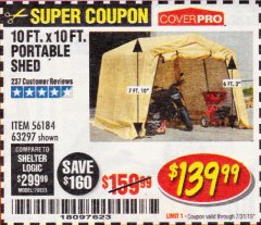 Harbor Freight Coupon COVERPRO 10 FT. X 10 FT. PORTABLE SHED Lot No. 63297 Expired: 7/31/19 - $139.99
