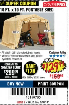 Harbor Freight Coupon COVERPRO 10 FT. X 10 FT. PORTABLE SHED Lot No. 63297 Expired: 9/30/19 - $129.99