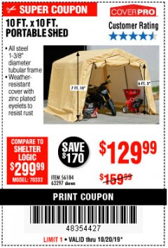 Harbor Freight Coupon COVERPRO 10 FT. X 10 FT. PORTABLE SHED Lot No. 63297 Expired: 10/20/19 - $129.99