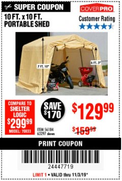 Harbor Freight Coupon COVERPRO 10 FT. X 10 FT. PORTABLE SHED Lot No. 63297 Expired: 11/3/19 - $129.99