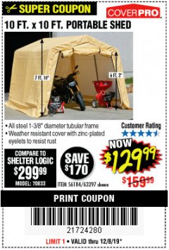 Harbor Freight Coupon COVERPRO 10 FT. X 10 FT. PORTABLE SHED Lot No. 63297 Expired: 12/8/19 - $129.99
