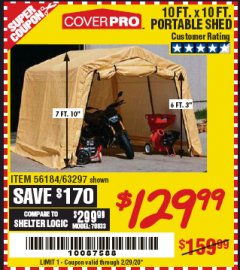 Harbor Freight Coupon COVERPRO 10 FT. X 10 FT. PORTABLE SHED Lot No. 63297 Expired: 2/29/20 - $129.99