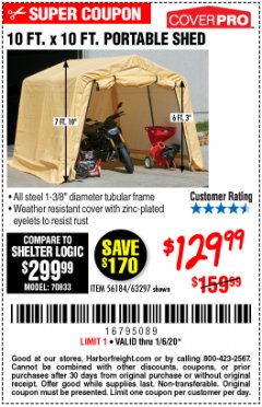 Harbor Freight Coupon COVERPRO 10 FT. X 10 FT. PORTABLE SHED Lot No. 63297 Expired: 1/6/20 - $129
