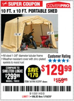 Harbor Freight Coupon COVERPRO 10 FT. X 10 FT. PORTABLE SHED Lot No. 63297 Expired: 1/19/20 - $129.99