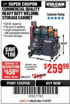 Harbor Freight Coupon VULCAN COMMERCIAL QUALITY HEAVY DUTY WELDING CABINET Lot No. 63179 Expired: 11/4/18 - $259.99