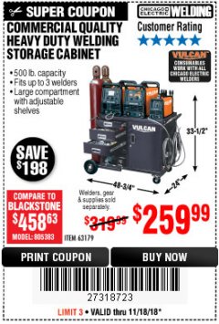 Harbor Freight Coupon VULCAN COMMERCIAL QUALITY HEAVY DUTY WELDING CABINET Lot No. 63179 Expired: 11/18/18 - $259.99