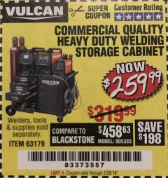 Harbor Freight Coupon VULCAN COMMERCIAL QUALITY HEAVY DUTY WELDING CABINET Lot No. 63179 Expired: 2/26/19 - $259.99