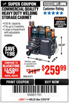 Harbor Freight Coupon VULCAN COMMERCIAL QUALITY HEAVY DUTY WELDING CABINET Lot No. 63179 Expired: 2/24/19 - $259.99