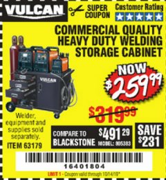 Harbor Freight Coupon VULCAN COMMERCIAL QUALITY HEAVY DUTY WELDING CABINET Lot No. 63179 Expired: 10/14/19 - $259.99