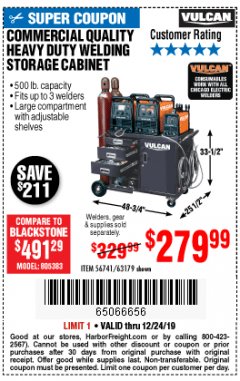 Harbor Freight Coupon VULCAN COMMERCIAL QUALITY HEAVY DUTY WELDING CABINET Lot No. 63179 Expired: 12/24/19 - $279.99