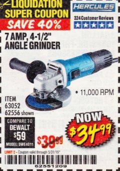 Harbor Freight Coupon HERCULES 4-1/2" ANGLE GRINDER MODEL HE61S Lot No. 63052/62556 Expired: 5/31/19 - $34.99