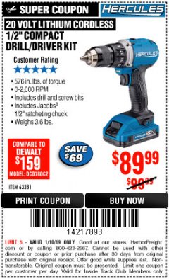 Harbor Freight ITC Coupon HERCULES 20 VOLT LITHIUM CORDLESS 1/2" COMPACT DRILL/DRIVER KIT Lot No. 63381 Expired: 1/10/19 - $89.99