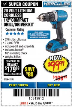 Harbor Freight Coupon HERCULES 20 VOLT LITHIUM CORDLESS 1/2" COMPACT DRILL/DRIVER KIT Lot No. 63381 Expired: 9/30/18 - $99.99
