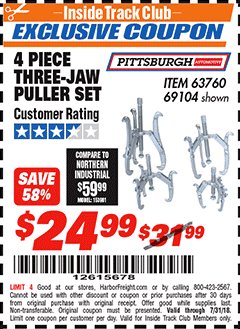 Harbor Freight ITC Coupon THREE-JAW PULLER 4 PIECE SET Lot No. 63760/69104 Expired: 7/31/18 - $24.99