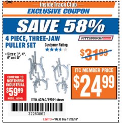 Harbor Freight ITC Coupon THREE-JAW PULLER 4 PIECE SET Lot No. 63760/69104 Expired: 11/20/18 - $24.99