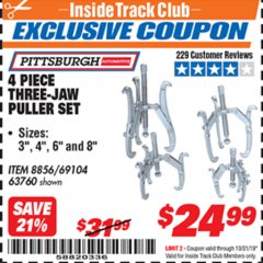 Harbor Freight ITC Coupon THREE-JAW PULLER 4 PIECE SET Lot No. 63760/69104 Expired: 10/31/19 - $24.99