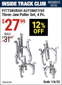 Harbor Freight ITC Coupon THREE-JAW PULLER 4 PIECE SET Lot No. 63760/69104 Expired: 1/6/22 - $27.99
