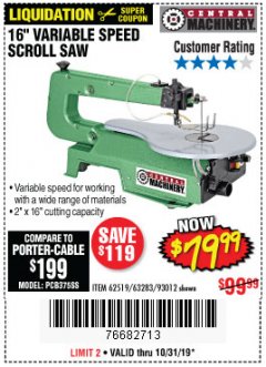Harbor Freight Coupon CENTRAL MACHINERY 16" VARIABLE SPEED SCROLL SAW Lot No. 62519/63283/93012 Expired: 10/31/19 - $79.99