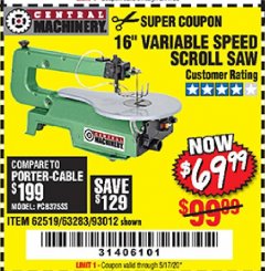 Harbor Freight Coupon CENTRAL MACHINERY 16" VARIABLE SPEED SCROLL SAW Lot No. 62519/63283/93012 Expired: 6/30/20 - $69.99