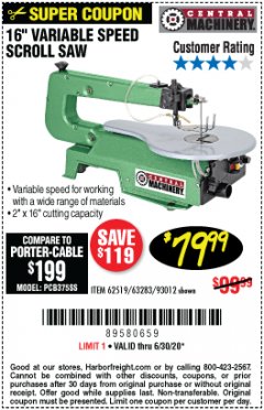 Harbor Freight Coupon CENTRAL MACHINERY 16" VARIABLE SPEED SCROLL SAW Lot No. 62519/63283/93012 Expired: 6/30/20 - $79.99
