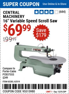 Harbor Freight Coupon CENTRAL MACHINERY 16" VARIABLE SPEED SCROLL SAW Lot No. 62519/63283/93012 Expired: 12/31/20 - $69.99