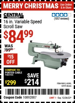 Harbor Freight Coupon CENTRAL MACHINERY 16" VARIABLE SPEED SCROLL SAW Lot No. 62519/63283/93012 Expired: 12/26/22 - $84.99