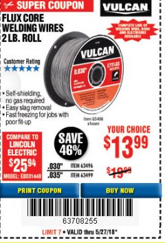 Harbor Freight Coupon FLUX CORE WELDING WIRE Lot No. 63496/63499 Expired: 5/27/18 - $13.99