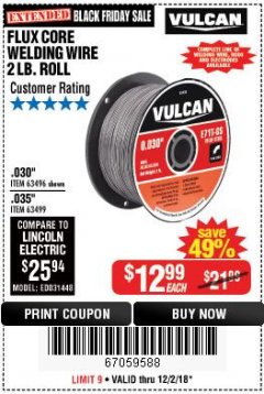 Harbor Freight Coupon FLUX CORE WELDING WIRE Lot No. 63496/63499 Expired: 12/2/18 - $12.99