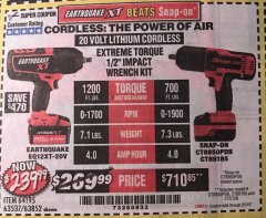 Harbor Freight Coupon EARTHQUAKE XT 20 VOLT CORDLESS EXTREME TORQUE 1/2" IMPACT WRENCH KIT Lot No. 63852/63537/64195 Expired: 2/5/19 - $239.99