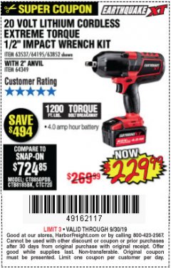 Harbor Freight Coupon EARTHQUAKE XT 20 VOLT CORDLESS EXTREME TORQUE 1/2" IMPACT WRENCH KIT Lot No. 63852/63537/64195 Expired: 9/30/19 - $229.99