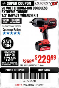 Harbor Freight Coupon EARTHQUAKE XT 20 VOLT CORDLESS EXTREME TORQUE 1/2" IMPACT WRENCH KIT Lot No. 63852/63537/64195 Expired: 11/13/19 - $299.99