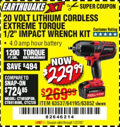 Harbor Freight Coupon EARTHQUAKE XT 20 VOLT CORDLESS EXTREME TORQUE 1/2" IMPACT WRENCH KIT Lot No. 63852/63537/64195 Expired: 1/27/20 - $229.99