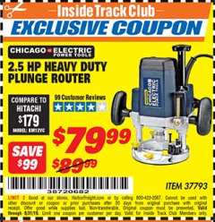 Harbor Freight ITC Coupon 2.5 HP HEAVY DUTY PLUNGE ROUTER Lot No. 37793 Expired: 8/31/19 - $79.99