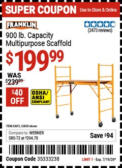 Harbor Freight Coupon FRANKLIN 900 LB. CAPACITY MULTIPURPOSE SCAFFOLD Lot No. 63050/63051 Valid Thru: 7/19/26 - $199.99