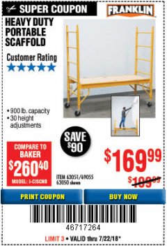 Harbor Freight Coupon HEAVY DUTY PORTABLE SCAFFOLD Lot No. 63050/63051/69055/98979 Expired: 7/22/18 - $169.99
