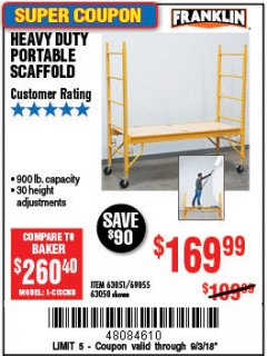 Harbor Freight Coupon HEAVY DUTY PORTABLE SCAFFOLD Lot No. 63050/63051/69055/98979 Expired: 9/3/18 - $169.99