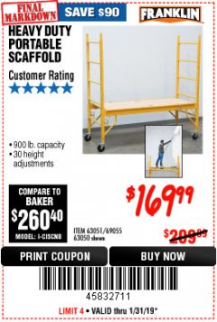 Harbor Freight Coupon HEAVY DUTY PORTABLE SCAFFOLD Lot No. 63050/63051/69055/98979 Expired: 1/31/19 - $169.99