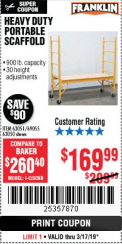 Harbor Freight Coupon HEAVY DUTY PORTABLE SCAFFOLD Lot No. 63050/63051/69055/98979 Expired: 3/17/19 - $169.99