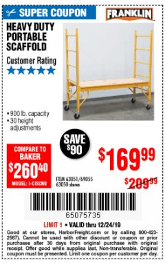 Harbor Freight Coupon HEAVY DUTY PORTABLE SCAFFOLD Lot No. 63050/63051/69055/98979 Expired: 12/24/19 - $169.99