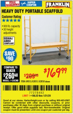 Harbor Freight Coupon HEAVY DUTY PORTABLE SCAFFOLD Lot No. 63050/63051/69055/98979 Expired: 1/31/20 - $169.99
