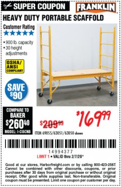 Harbor Freight Coupon HEAVY DUTY PORTABLE SCAFFOLD Lot No. 63050/63051/69055/98979 Expired: 2/7/20 - $169.99