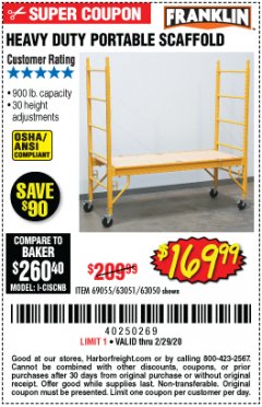 Harbor Freight Coupon HEAVY DUTY PORTABLE SCAFFOLD Lot No. 63050/63051/69055/98979 Expired: 2/29/20 - $169.95