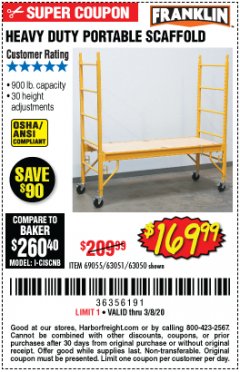 Harbor Freight Coupon HEAVY DUTY PORTABLE SCAFFOLD Lot No. 63050/63051/69055/98979 Expired: 2/8/20 - $169.99