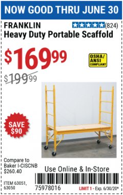 Harbor Freight Coupon HEAVY DUTY PORTABLE SCAFFOLD Lot No. 63050/63051/69055/98979 Expired: 6/30/20 - $169.99