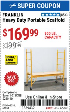 Harbor Freight Coupon HEAVY DUTY PORTABLE SCAFFOLD Lot No. 63050/63051/69055/98979 Expired: 7/5/20 - $169.99