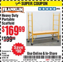 Harbor Freight Coupon HEAVY DUTY PORTABLE SCAFFOLD Lot No. 63050/63051/69055/98979 Expired: 9/21/20 - $169.99